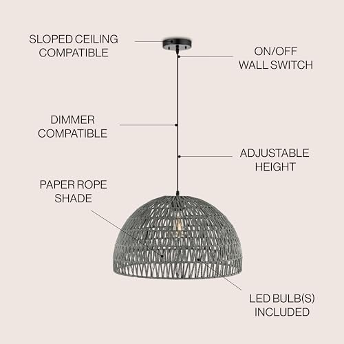 JONATHAN Y 20" Gray Modern Bohemian Woven Rope LED Pendant Light Fixture, Adjustable Dome Ceiling Lamp for Kitchen Island, Rope Shade, Coastal Farmhouse Decor (JYL6504D) - color: Gray, size: 20"