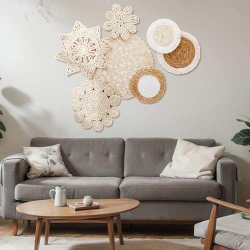 Beeveer 7 Pcs Boho Wall Baskets Decor Hanging Rustic Rattan Wicker Wall Baskets Round Wall Art for Farmhouse Living Rooms Bedrooms Kitchen Decorations