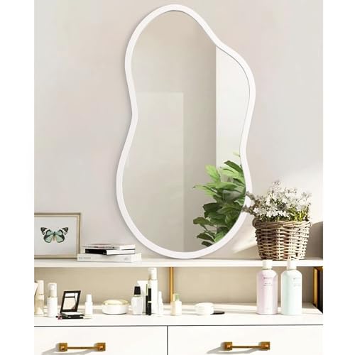 AAZZKANG Irregular Wall Mirror Wooden Large 26"x16" Decorative Hanging Mirrors Asymmetrical for Bedroom Dressing Room Living Room Bathroom Entryway White - color: White, size: 26"L x 16"W