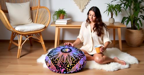 Multi Purple Burning Sun Round Mandala Floor Pillow Cover Seating Cushion Throw Cover Hippie Decorative Bohemian Ottoman Pouf Cover, Pom Pom Pillow Cases,Boho Indian 32 Inches - color: Multi Purple, size: 32" Round