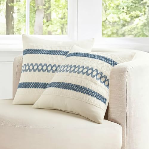 MIULEE Set of 2 Coastal Blue Boho Decorative Pillow Covers 16x16 Inch Farmhouse Rustic Couch Throw Pillows Modern Cotton Cushion Covers Retro Cute Macrame Woven Spring Home Decor for Bed Sofa Chair - color: Blue, size: 16" x 16" (Pack of 2)