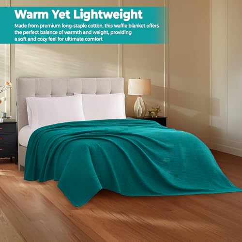 100% Cotton Blankets for Bed - Waffle Weave Blankets for Summer, Lightweight and Breathable Soft Woven Blanket for Spring (Teal, Queen (90" x 90")) - color: Teal, size: Queen (90" x 90")