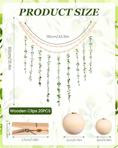 Boho Wall Decor with Photo Hanging Clips, Wooden Beads Garland with Greenery Eucalyptus Decor, Aesthetic Room Essentials for Bedroom, Office Cubicle, Home Wall Decoration