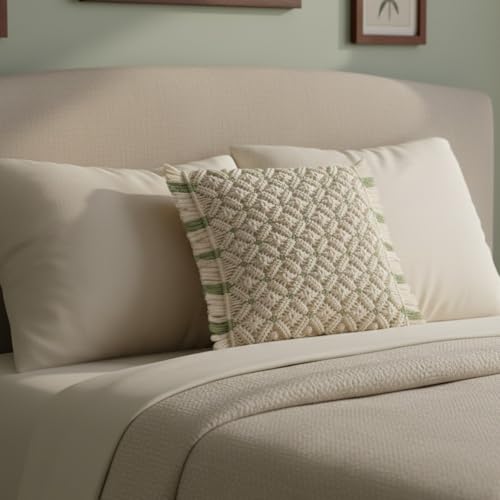 AVOIRR Handmade Macrame Cushion Cover 16x16 Inch – Boho Decorative Throw Pillow Cover, Natural White & Olive Cotton Woven Bohemian Pillow Case for Sofa, Couch, Bed & Living Room Decor