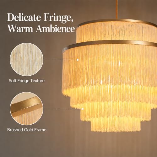5-Tiered Boho Chandelier with Metal and Fringe,3 Lights Fringe Pendant Light Fixture,Tassle Chandelier for entryway,Dining Room,Baby Nursery,Gold and Light Beige - color: Light Yellow-Pendant