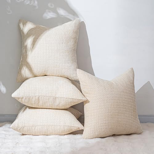 Pack of 4 Throw Pillow Covers 16x16 inch Beige Boho Cushion Covers Decorative Farmhouse Pillow Covers for Couch Bed Sofa Living Room Home Decor Soft Square Pillowcase - color: Beige, size: 16" x 16" (Pack of 4)