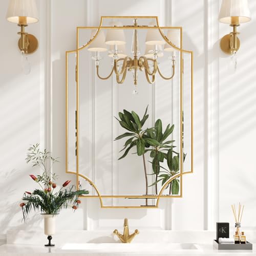 Kelly Miller Gold Bathroom Mirror for Wall, 24"x36" Large Decorative Mirror Gold Wall Mirror Vanity Mirror Beveled Wall Decor for Master Bath Half Bath Living Room Bedroom Fireplace Mantle Entryway - size: 36"L x 24"W