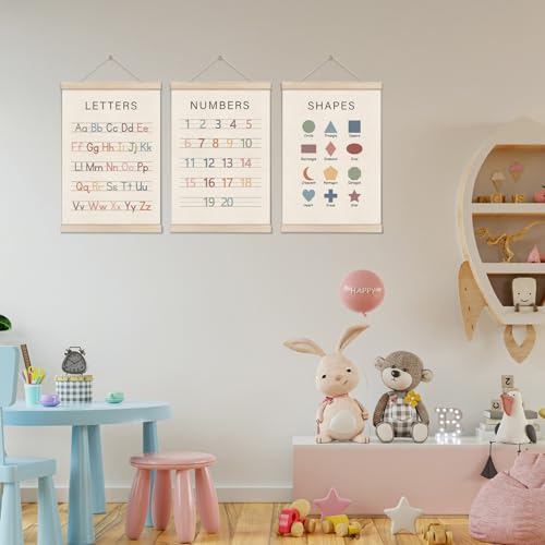 Set of 3 Alphabet Numbers Poster Hanger Frame, Preschool Learning Posters, Educational Canvas Wall Art, Montessori Nursery Wall, Toddler Room Decor for Boys Girls 16x12 Inch, Boho Classroom Decor - color: Off-White02