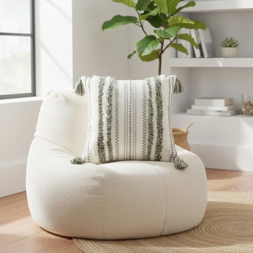 decorUhome Summer Decorative Boho Throw Pillow Cover 18x18, Accent Neutral Textured Tufted Pillow Cover Striped for Couch Bed Sofa, Green and Cream White, Pack of 1 - color: Green and Cream White, size: 18" x 18" (Pack of 1)