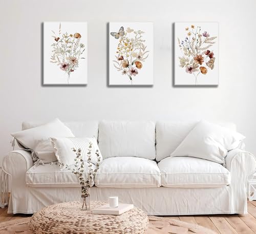 3Psc Watercolor Wildflower Framed Canvas Wall Art Vintage Botanical Flower Wall Decor Modern Minimalist Colorful Botanical Floral Poster Print Artwork for Girls Room Bedroom Office Decoration 12x16 Inch - color: SANLIANYEHUA, size: 16"L x 12"W