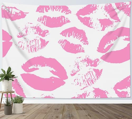 SCECALA Pink Kiss Lips Tapestry Modern Fashion Makeup Wall Art Tapestry Pink and White Fashion Aesthetic Wall Hanging for Girls Bedroom College Dorm Makeup Room Home Decor 60x40 Inch - color: Pink, size: 40"L x 60"W