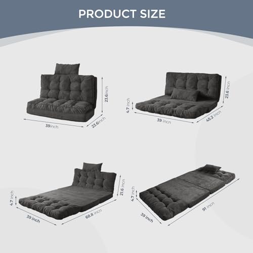 MAXYOYO Folding Sofa Bed, Tufted Bean Bag Bed with Pillows Floor Couch for Adults, Extra Thick and Long Floor Sofa, Twin Couch Bed for Bedroom Living Room, Dark Grey, 39x91 Inch - color: Dark Grey, size: Tufted Twin