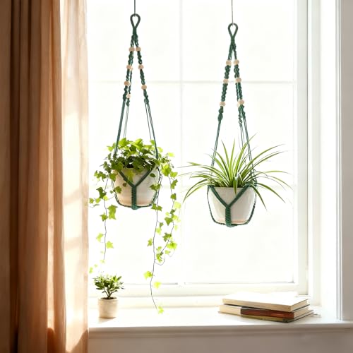 Macrame Plant Hanger,Up to 4-15 inch Pots, Wood Beads Cotton Hanging Planter Holder for Indoor Outdoor Boho Home Decor, 35 Inch, Ivory, Set of 2 (Green) - color: Green
