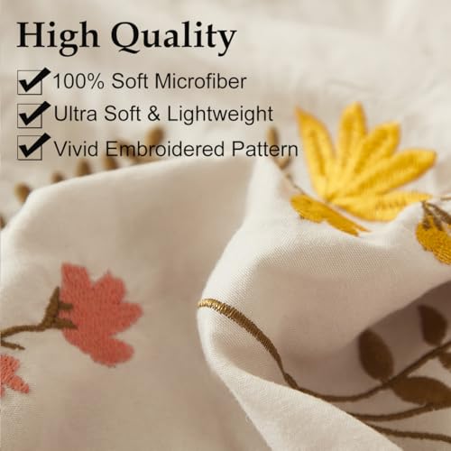Flower Pillowcases, Cream Pillow Cases Set of 2, 100% Washed Microfiber, Boho Chic Farmhosue Embroidered Flower Pillow Cover, 2 Pack (Queen, Beige Flower) - color: Beige-01, size: Queen, 20" x 30" (Pack of 2)