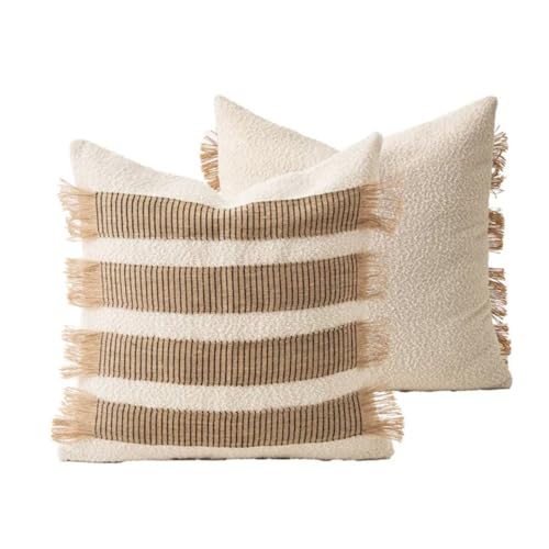 MOCOFO Handwoven Jute Cotton Striped Pillow Covers, Wabi Sabi Boho Farmhouse Decorative Throw Cushion Cover with Fringe(Cover Only) (White/Natural, 20x20) - color: White/Natural, size: 20" x 20" (Pack of 1)