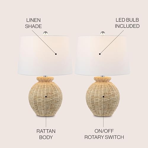 JONATHAN Y 22" Brown Rattan Rustic Coastal Table Lamp Set of 2, Woven Wicker Globe Base with White Linen Shade for Living Room Bedroom, UL Listed, LED Bulbs Included JYL4050A-SET2