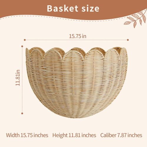 Scalloped Wicker Wall Basket - Rattan Hanging Storage Organizer, Decorative Basket for Nursery, Bathroom, Front Door, 16"×10"×7", Perfect for Flowers, Mail, Toys