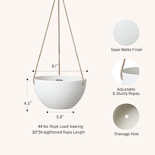 LA JOLIE MUSE White Hanging Planter Basket - 8 Inch Indoor Outdoor Flower Pots, Plant Containers W/Drainage Hole, Plant Pot for Hanging Plants, Pack 2 - color: White, size: 8 Inch