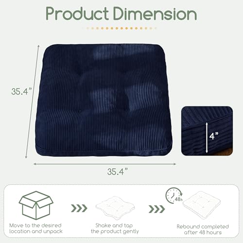 HIGOGOGO 35" Floor Pillow Cushion for Adults, Meditation Cushion Pillow, Extra Large Square Floor Sitting, Tufted Corduroy Cover for Tatami Living Room or Yoga, Navy - color: Navy, size: 4" Thick Square