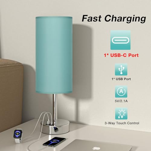 Dicoool Teal Touch Bedside Lamps for Bedroom - Small Coastal Nightstand Lamp with USB-C and USB A Charging Ports, 3 Way Dimmable Control Table Lamp for Office, Dorm with Fabric Shade Silver Base - color: Teal-Silver Metal, size: 14in