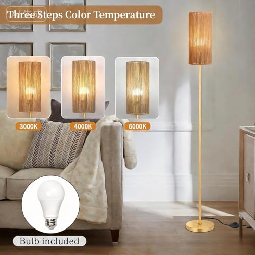 Ruiever Floor Lamp for Living Room,Farmhouse Floor lamp,Modern Standing lamp with Hand-Worked Rattan Shade (Straight Line Rattan Shade Gold Lamp- 3 Color Bulb) - style: Straight Line Rattan Shade Gold Lamp- 3 Color Bulb