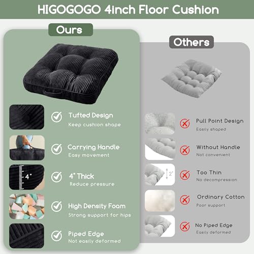 HIGOGOGO Floor Pillow Cushion for Adults, Meditation Cushion Pillow, Large Square Floor Sitting, Tufted Corduroy Cover, for Tatami Living Room or Yoga, 22x22 Inch, Black - color: Square Black, size: 4" Thick(Pack of 1)