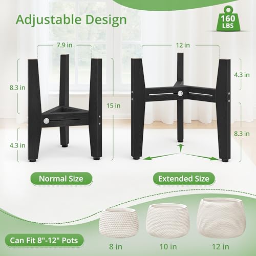 LUE BONA HDPS Plant Stand Indoor Outdoor, Adjustable Mid Century Modern Stand for Plants 8-12 Inch Pots, Black - color: Black