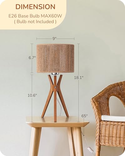 EDISHINE 17.5" Rattan Table Lamp, Wood Bedside Lamp with Handmade Paper Rope Woven Lampshade, Nightstand Lamp for Living Room, Bedroom, E26 Base, ON-Off Switch - color: Vertical Stripes