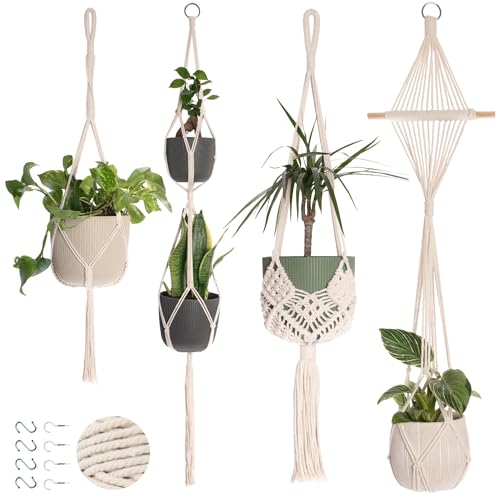 Nook Theory 4-Pack Macrame Plant Hangers with 8 Hooks - Hanging Planters for Indoor Plants, Boho Macrame Hangers Indoor Outdoor, Decorative Plant Hanger Indoor (Cream) - color: Cream