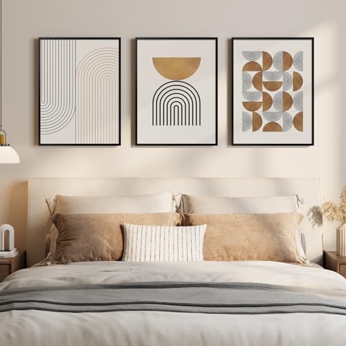 Framed Boho Wall Art for Bedroom, 3 Piece Modern Geometric Canvas Artwork for Walls, Neutral Minimalist Picture Prints for Living Room Dining Room Kitchen Hallway Wall Decor, 12x16 Inch - color: Neutral Brown