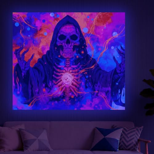 CRAFTYMELODY Reaper Blacklight Tapestry Glow in the Dark Tapestry UV Reactive Neon Reaper Skull Forest Wall Hanging 59×51 Inch with Hook Self Adhesive Sticker Clip for Bedroom Home Wall Decoration - color: Skull