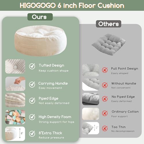 HIGOGOGO 8" Extra Thick Floor Pillow Cushion for Adults, Meditation Cushion Pillow, Large Round Floor Sitting, Tufted Corduroy Cover, for Tatami Living Room or Yoga, 22x22 Inch, Beige - color: Round Beige, size: 8" Thick(Pack of 1)