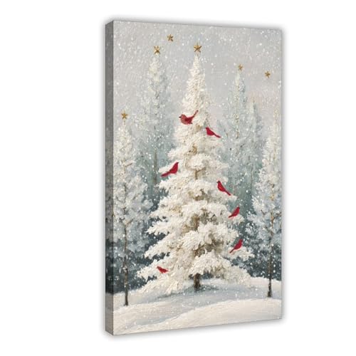 JDBeehpy Snowy Christmas Tree Wall Art Red Birds Frame Canvas Print Poster Peaceful Winter Home Decor Painting Livingroom Fireplace Mural 08x12inch(20x30cm) - color: Christmas Tree Frame, size: 12L" x 8W"