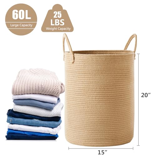 60L Jute Woven Laundry Hamper Basket Wicker Rope Clothes Hamper Tall Rattan Blanket Basket in Living Room Bedroom 15Dx20H Inches Large - color: Jute, size: Large (60L)