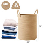60L Jute Woven Laundry Hamper Basket Wicker Rope Clothes Hamper Tall Rattan Blanket Basket in Living Room Bedroom 15Dx20H Inches Large - color: Jute, size: Large (60L)
