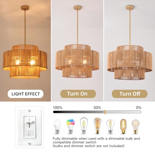 24.2 inch Boho Rattan Chandeliers for Dining Room, 4-Light Large Boho Pendant Light Rustic Drum Chandelier Farmhouse Rattan Light Fixtures for Kitchen Island Foyer Bedroom (Gold), 70.8"H Max