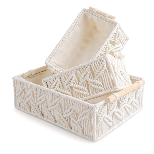 ANMINY 3PCS Macrame Storage Baskets for Organizing Boho Decor Baskets Storage Bins with Wood Handles Handmade Decorative Storage Boxes Desk Toilet Tank Bathroom Self Basket Organizer - Leaves - color: Leaves (Set of 3)