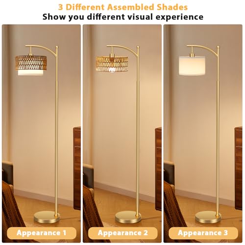 Ambimall Arc Floor Lamp for Living Room with Remote, Color Temperature & Brightness Adjustable, Boho Standing Lamp with Rattan & Fabric Double Drum Shades, Bulb Included(Gold) - color: Gold Rustic