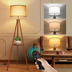 OUTON Wood Tripod Floor Lamp with Shelves, Mid Century LED Modern Dimmable Floor Lamp with Remote Control, Sturdy Tall Standing Lamp with Beige Linen Texture Shade for Living Room, Bedroom, Office - color: Walnut