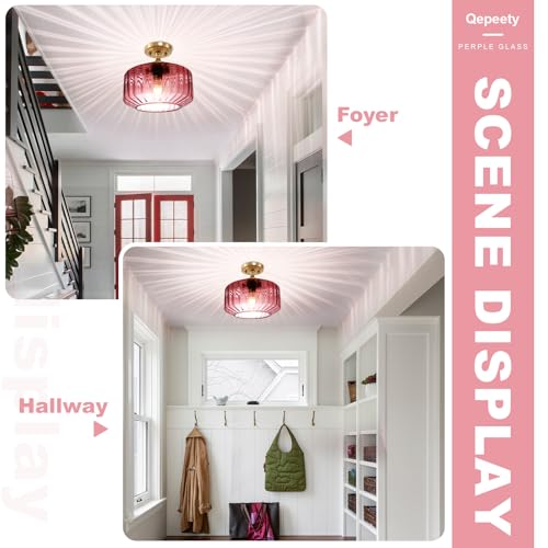 2-Pack Purple Ribbed Glass Ceiling Light, Semi Flush Mount Fixture | Anti-Rust, E26 Socket, Easy To Install, Max 60W, Ideal For Bedrooms, Bathrooms, Hallways, Closets, Apartments - color: Purple, 2 Pack