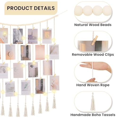 Macrame Hanging Photo Display Boho Wall Decor with String Lights Wooden Beads Garland Picture Frame Collage Holder with 45 Clips for Room, Bedroom, Dorm, Christmas Teenage Teen Girl Gifts (Beige, Large) - size: Large