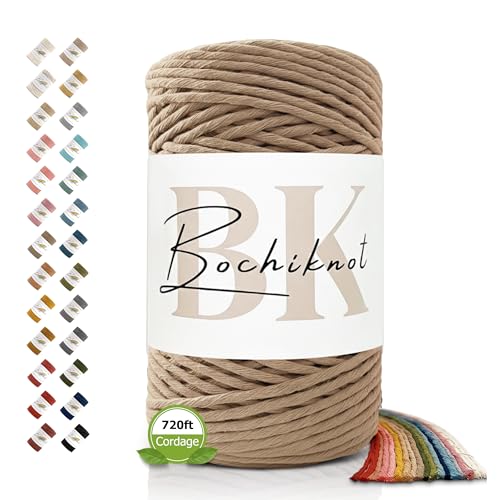 BOCHIKNOT Single Strand Macrame Cord 4mm x 240yds (220m) – Soft Cotton Macrame Rope for Beginners, Easy to Knot for Wall Hangings, Plant Hangers, Fringe and DIY Crafts (Buttercream) - color: Buttercream, size: (4mm x 219m) - Single Strand Twist