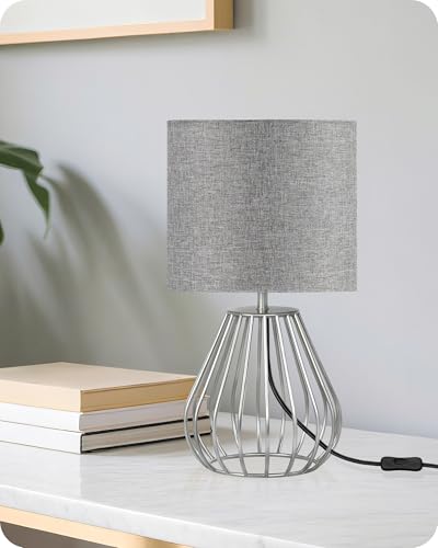 Small Table Lamp, Bedside Lamp with Gray Linen Lampshade & Silver Metal Base, Modern Nightstand Lamp, Little Cute Desk Lamp for Bedroom, Living Room, 2700K LED Bulb Included, SH06TL05 - color: Gray + Silver