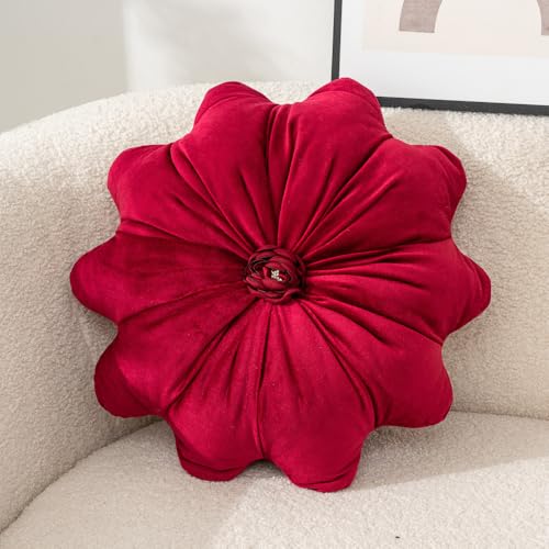 15.7 Inches Round Throw Pillows Velvet Flower Chair Cushion for Couch Sofa Chair Bed Home Decoration - color: Red