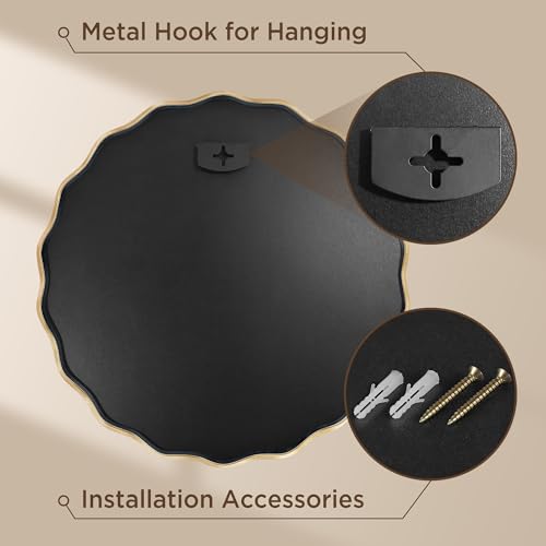 Gold Round Mirror for Wall, 24"x24" Decorative Wavy Bathroom Mirror with Brushed Alloy Steel Frame & Shatter-Proof Glass, Hanging Circle Wall Mirrors for Bathroom, Entryway (Gold, Small) - color: Gold, size: Small