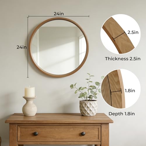 WallBeyond 24 Inch Natural Round Wood Mirror, Circle Wooden Frame Wall Mirror for Bathroom, Living Room, Bedroom, Entryway - color: Natural, size: 24"L x 24"W