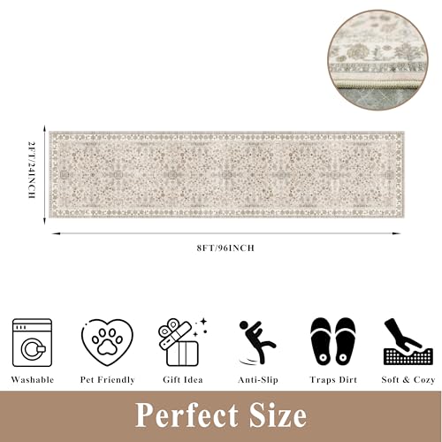 2x8ft Kitchen Runners Rugs Non Skid Washable – Boho Floral Stain-Resistant Low-Pile Carpet Runner for Hallway, Bathroom, Bedroom, Entryway (Beige, 2x8) - color: Beige, size: 2' x 8' (Rectangular)