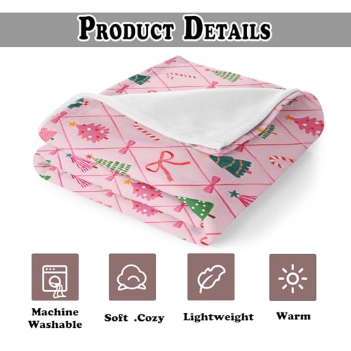 Coquette Pink Bow Christmas Throw Blanket for Couch, Preppy Christmas Decor, Pink Girly Xmas Tree Candy Cane Throw Blanket for Girls Bedroom Living Room Decoration, 50x60 Inches - color: Color_17