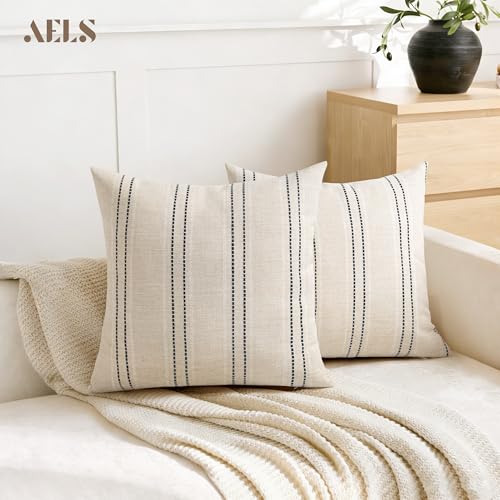 AELS 20x20 Decorative Farmhouse Linen Blend Throw Pillow Covers, Boho Textured Pillow Case, Set of 2, Beige with White & Black Stitch Yarn Dyed Stripe Cushion Cover for Sofa Living Room (Cover ONLY) - color: Beige With White & Black, size: 20" x 20" (Pack
