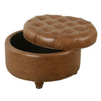 HomePop 25" Button Tufted Round Storage Ottoman - Brown Faux Leather - color: Light Brown
